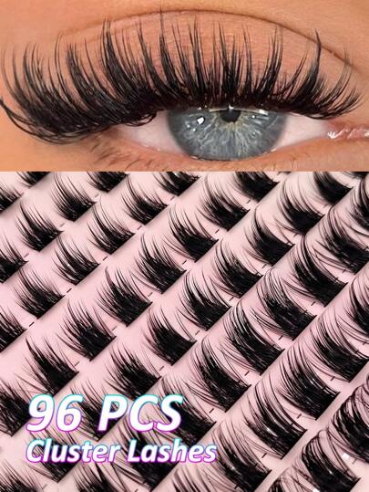 Rikuaild 96pcs/Set D Curl 10-16mm Mixed False Eyelashes, Faux Mink Lashes For Natural Fluffy Makeup Effect, Reusable Thin Band, DIY Eyelash Extension, Eyelash Cluster, Individual False Lashes
