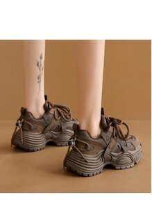 New Platform Thick Bottom Casual Increase Height Women Shoes, Fashion Versatile Mesh Breathable Chunky Sneakers, Leather Patchwork Stylish Personalized Female Student Women Shoes, Miarrayed Style Outdoor Women Shoes - Brown Velvet - View 5