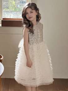 Vestido de princesa com lantejoulas e malha da moda para meninas com detalhes de asas, verão - Branco - Ver 2