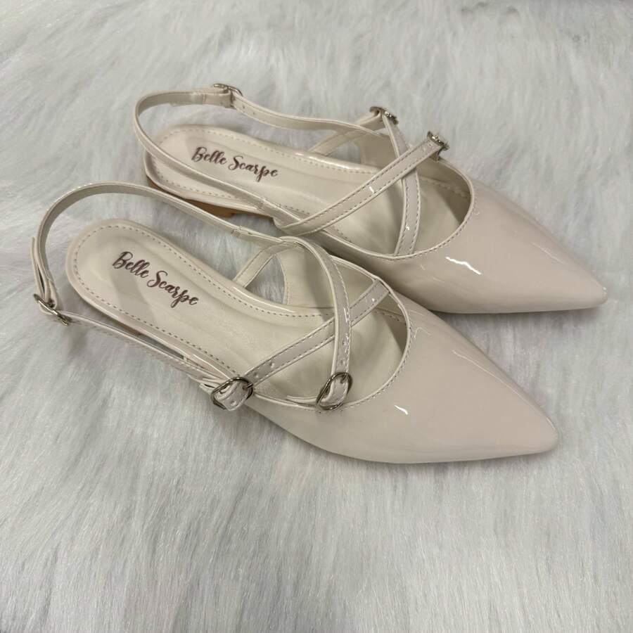 Women's SlingBack Patent Leather Comfortable Casual Flat Sandals With Buckle - Màu be - Xem 1