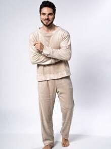 Men's Ultrasoft Long Fleece Pajamas For Cold Winter - Beige - View 5