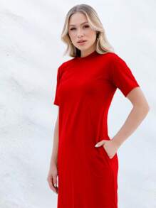 Cotton Midi Dress With SleevesSimpleCasualElegantKnitSplitPocketSide SlitStreetHome - Đỏ - Xem 2