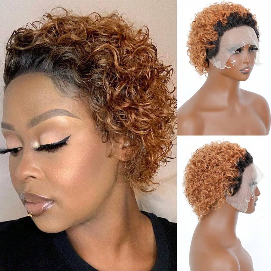 Pixie Cut Curly Human Hair Wigs Ginger 350 Short Curly Lace Front Human Hair Wigs For Women 6 Inch 13x1 Transparent Lace Frontal Wigs Water Wave Dark Rooted To Ginger Orange Color - 1B/30 - 查看 1