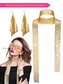 Forever & Moment 2pcs Women'S Disco Accessories From The 70s, Disco Sequin Scarf, Imitation Diamond Pendant