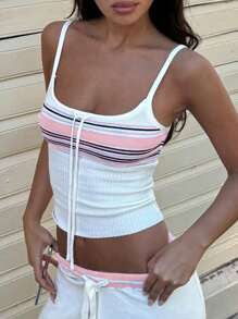 Summer Striped Contrast Color Slim Fit Design Knitted Tank Top Short Women's Clothing - Pink - View 4