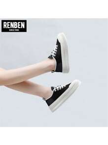 RENBEN 帆布运动鞋女休闲平底鞋复古新款圆头百搭白色鞋子厚底秋季 - 黑色 - 查看 2