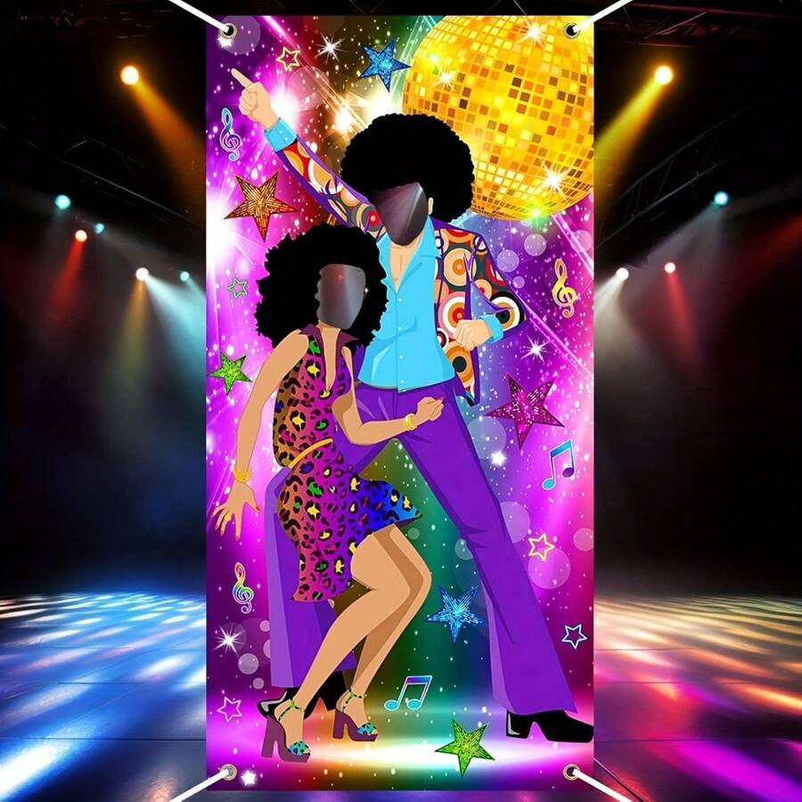 2D Door Banner Retro Disco Party Banner With Cut Out Faces - 70s Theme Photobooth Backdrop, Jewel Design, Versatile Decor, No Electricity Required - Multicolour - View 1