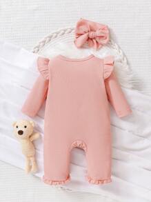 Neugeborenes Baby Mädchen einfarbiger Langarm Jumpsuit mit Schleife - Pink - Übersicht 2