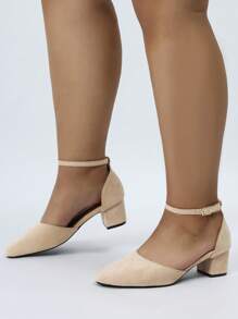 Women's Fashionable Versatile Pointed Toe Hollow Buckle Strap Chunky Heel Shoes, Open Back Slip-On Elegant High Heels For All Seasons, 2025 New Summer Collection Wide Fit - Apricot - View 4