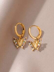 Colorful Cubic Zirconia Butterfly Stainless Steel Earrings For Women, Dainty 18k Gold-Plated Anti Fading Earring, Vintage Wedding Jewelry Beach Vacation Waterproof Accessories , Gifts For Mom/Daughter/Best Friends