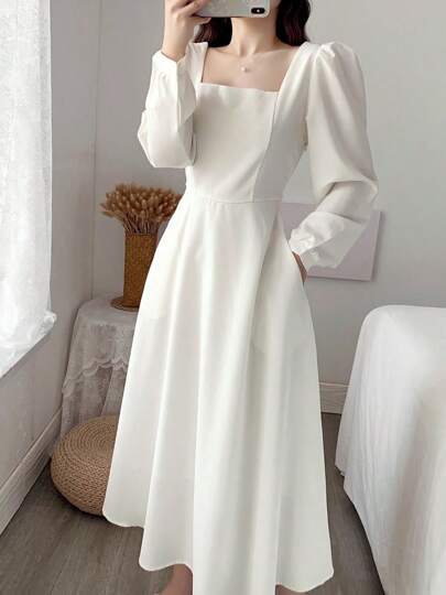 Vestido largo de estilo Hepburn para mujeres moda vestido de manga larga temperamento vestido de cuello cuadrado