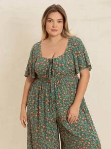 Rusttydustty Tuta a maniche corte con scollo quadrato, a fiori stile boho, con arricciature, per taglie forti, abbigliamento da spiaggia, vacanza tropicale, costume da festival musicale, pasqua