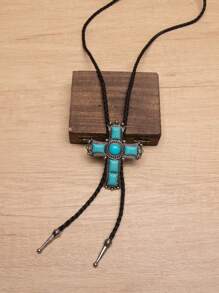 1pc Boho Style Turquoise Cross Bolo Tie Necklace, Long Y-Shaped Chain