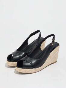 2025 Giày Sandal Đế Xuồng Hở Ngón Thời Trang Nữ Màu Trơn Du Lịch Đi Biển Đa Năng Đế Xuồng Đế Xuồng - màu đen - Xem 5