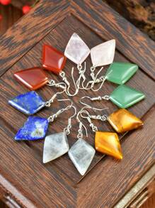 复古菱形天然石耳环、几何石英和虎眼石吊坠耳环（天然石颜色各异） - 彩色 - 查看 2