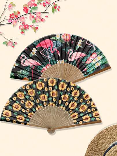 1pc Polyester Flamingo & Zonnebloem Patroon Casual Party Handheld Fan, Geschikt voor Vrienden Geschenken, Unisex