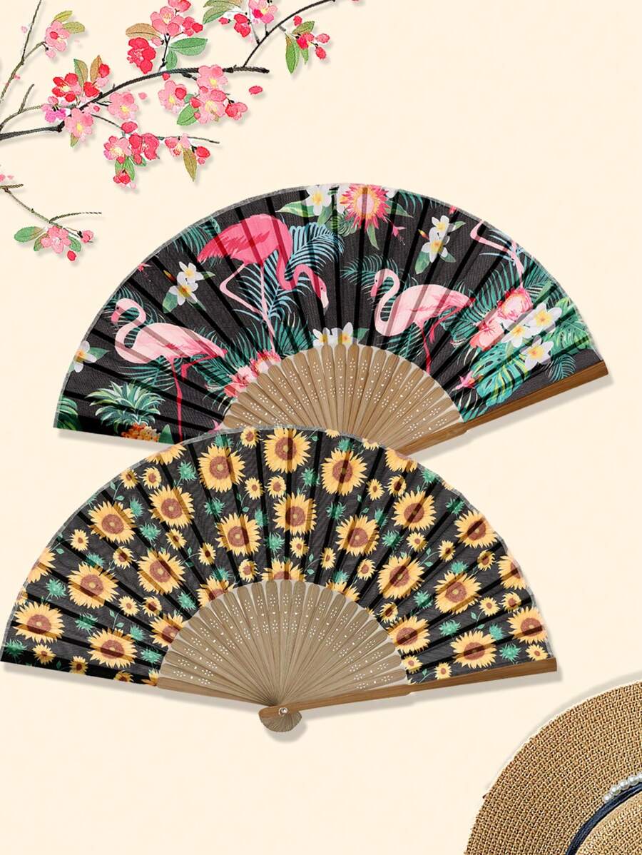 1pc Flamingo & Sunflower Party Casual Polyester (Dacron) Bamboo Fan, Suitable For Friends Gift, All Seasons, Unisex - Multicolor - View 1