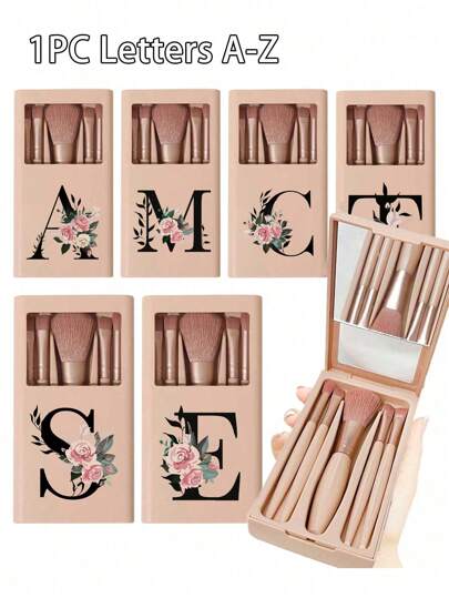 5pcs Portable Makeup Brush Set With Mirror, Floral Pattern & Alphabet A-Z, Boxed Makeup Brush Set, Multi-Functional Makeup Brush Set With Mirror Case, Mini Multi-Functional Makeup Pencil, Foundation Brush, Eye Shadow Brush, Beginner Makeup Tools, Mixed Brush Makeup Organizer, Makeup Brush Set, Convenient To Carry, Gift For Girls, Makeup Tool Set, Ideal Gift, Portable Travel Essentials