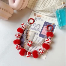 New Autumn/Winter Beaded Fuzzy Rings, Hand-Painted Pearl Double Chain Phone Strap, Car Key Chain, Bag Embellishment, Assorted Beaded Phone Charm