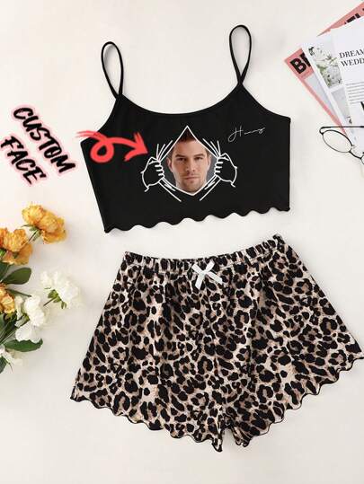 2 Pieces Halters Top And Leopard Print Shorts Home Wear Set, Custom Face, Custom Picture, Custom Couple Portrait, Custom Face Portrait Print Underwear, Custom Face Underwear Personalization, Custom Picture, Underwear With Photo, Custom Face Underwear, Girlfriend Wife Gift, Lady Custom, Spring, Personalized Gift, Anniversary, Holiday, Ideal Gift For Girlfriend