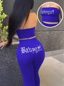 Rhinestone Decor Sleeveless Sexy Cropped Top And Pants Two Pieces Outfits, Casual Sports Fashionable Sets For Women, Spring And Summer - 藍色 - 查看 7