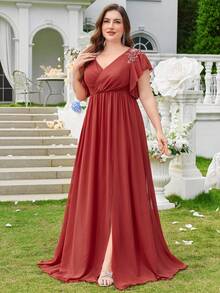 Chiffon Minimalist Sexy V-Neck Plus Size Cocktail Dress For Prom, Wedding,Party Dress,Gown,Formal,Evening,Wedding Guest - Burnt Orange - View 4