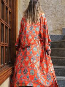 宽松复古佩斯利印花和服/长袍/罩衫，优雅波西米亚风格女士外套，柔软缎面面料，中长款，适合春秋季海滩和旅行