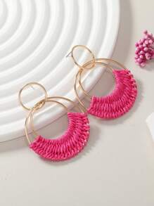 1 Pair Bohemian Style Resort Rattan Round Earrings In Ivory White, Fuchsia, And Orange, Hand-Woven, Fashionable For Women, Suitable For Daily Wear