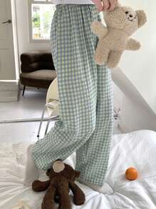 3 piezas de pantalones de pijama rectos, cómodos y holgados de estilo casual a cuadros, en colores caramelo, de algodón delgado para mujer en verano