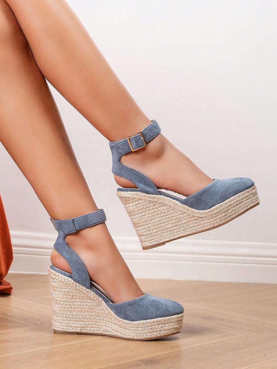 Sandale espadrille țesute cu iarbă cu platformă în stil european și american, sandale de vară la modă cu bretele peep-toe pentru femei - Albastru - Vizualizare 1