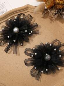 2 Pieces Elegant Black Floral Pearls Detachable Shoe Clips With Ruffle Net Bowknot Twist Design, Suitable For Wedding And Party High Heels, Shoe DIY Accessories