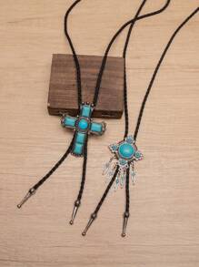 1pc Boho Style Turquoise Cross Bolo Tie Necklace, Long Y-Shaped Chain