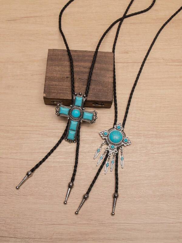 1pc Boho Style Turquoise Cross Bolo Tie Necklace, Long Y-Shaped Chain