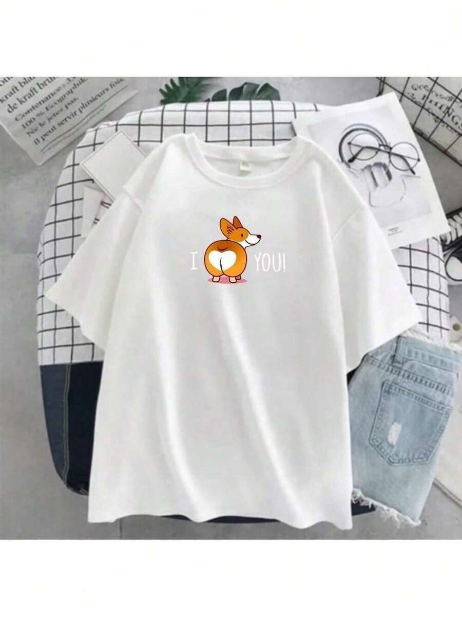 I Love You T-Shirt Cute Dog Shirt Blouse Unisex Men Women 100% Cotton Top Premium Streetwear New Release Various Colors!! Plus Size - 白色 - 查看 1