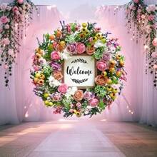 Spring Summer Wreath For Front Door, 18 Inch Artificial Berries And Colorful Flower Wreath With Welcome Sign, Spring/ Summer Greenery Wreath For Front Door Wall Window Festival DecorMother's Day Easter