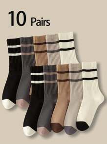 10/5 Pairs Youth Striped Color Block Long Crew Socks, Breathable Sports Tall Socks, Spring & Autumn Korean Style - Multicolor - View 14