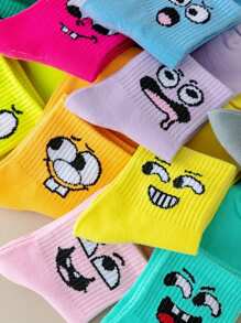 1/3/5/10/15/20 pares de calcetines de tripulación con estampado de rostros de dibujos animados divertidos para hombres, calcetines de moda para uso diario