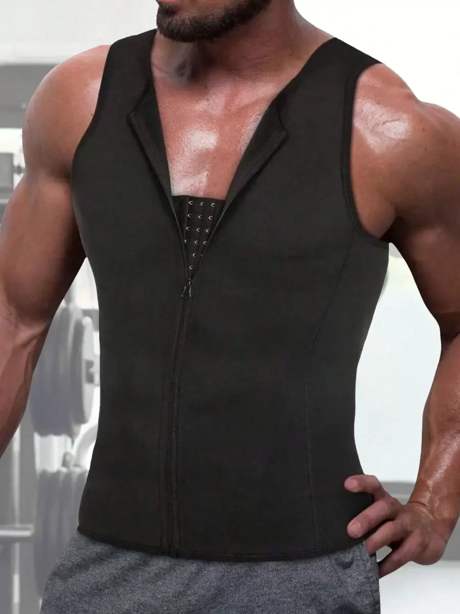 Men Compression Shirt For Body Slimming Tank Top Shaper Tight Undershirt Tummy Control Girdle - 黑色 - 查看 1