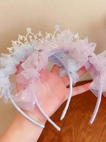 1 件儿童头饰皇冠珍珠蕾丝头带，可爱公主防滑发饰，女孩生日派对 - 彩色 - 查看 3