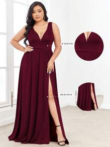 Plus Size Chiffon V Neck High Slit Sleeveless Empire Waist Formal Dress For Bridesmaid Wedding Party Spring - Burgundy - View 4