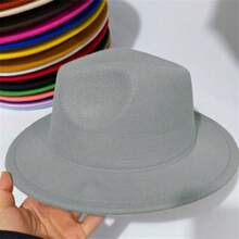 Kid Fedora Hat Solid Color Children Jazz Hats Classic Wide Brim Panama Dress Hat For Boys Girls Clothes Accessories - 灰色 - 查看 3