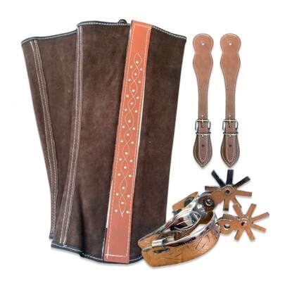 Espuelas Charras de Acero Monel con Polainas Charras de Carnaza  para Charro Jinete Vaquero con Correllones Correas