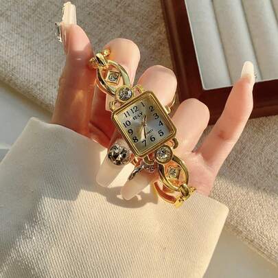 1 件女孩优雅简约石英表，矩形表盘，合金指针，电子机芯，奢华水钻仿真手镯腕表