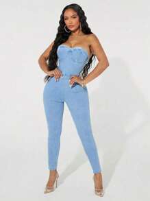 Jumper de Mezclilla Strapless con Cintas en Espalda y Cierre. - Azul - Ver 4