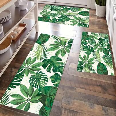 1pc Green Plant Printed Anti-Slip Silicone Mud Kitchen Rug, 3D Rectangular Carpet For Living Room, Bedroom, Corridor, Bathroom, Laundry Room - Polyester, Suitable For Indoor And Outdoor Home Decor