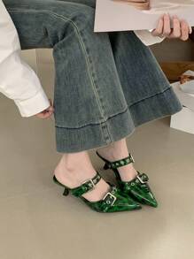 Double Buckle Pointed Toe Leopard Print High Heel Mule Backless Slippers For Women