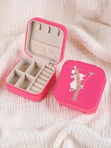 1pc Caixa de joias rosa com flores rosas, caixa de joias de viagem da moda com letras de ouro rosa, caixa de joias de viagem de presente personalizada, presentes de aniversário para mulheres, presentes de Natal para meninas adolescentes, iniciais, caixa de joias de viagem A-Z