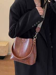 High-End Versatile Bucket Bag, Fashionable Solid Color Shoulder Bag, Retro Niche Design, Women's Shoulder Bag, Suitable For Work, Commuting, Daily Outings, Shopping And Dates - Brown - View 5