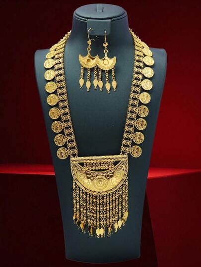 1 طقم مجوهرات عتيقة للنساء، يتضمن قلادة طويلة من سبائك الزنك وأقراط سلسلة، مناسبة للأعراس والحفلات، اكسسوار متعدد المواسم