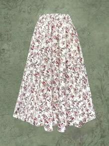 Floral Print Elastic Waist Skirt, Casual A-Line Skirt For Spring & Summer, Women Clothing